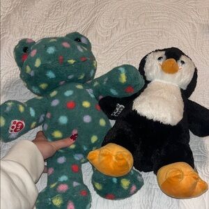 Colorful Polka Dot Frog and Black Penguin Build a Bear Stuffy Set